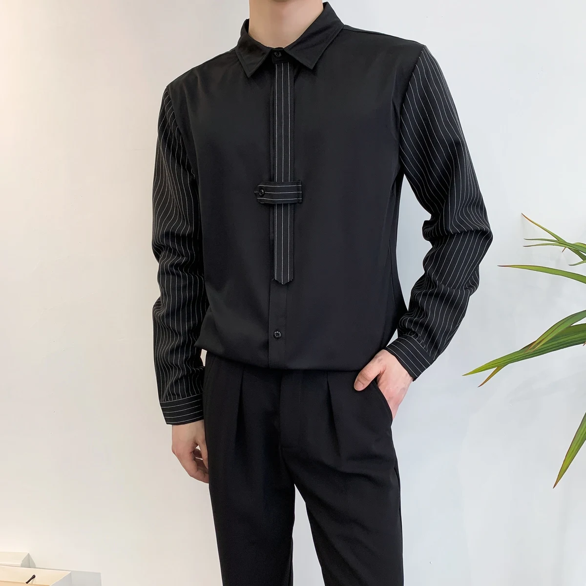 

Briti Preppy Sle Men's Striped irt Long Sve Autumn Trendy Design Sensation Fake Two-Piece Faionable Urban Youth Po...