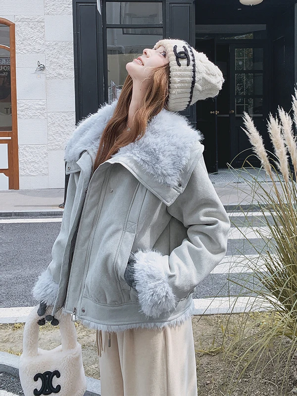 

Короткая куртка с воротником из овечьей шерсти, женская утепленная теплая верхняя одежда, повседневный свободный крой, застежка-молния, длинный рукав, стандартная длина