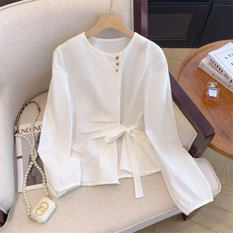 

Темпераментная бандажная блузка с бантом, весна-осень, новая однотонная корейская рубашка с длинными рукавами, топы, элегантная модная женская одежда