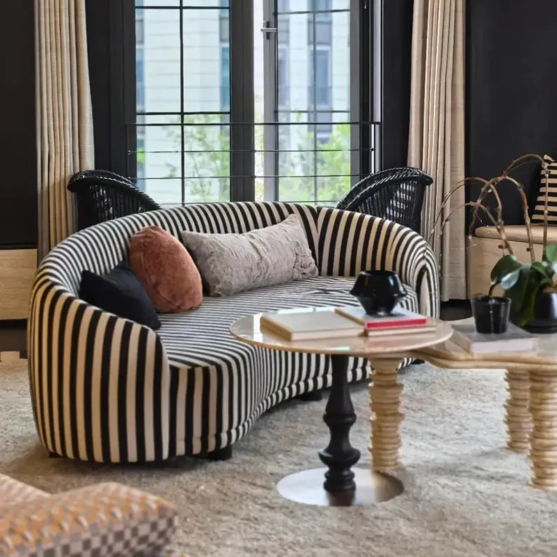 

fl-Modern Minimalist Apartment Sofa Vintage Style Black White Striped Three-Seater PU Model Room Designer Irregular Sofa%