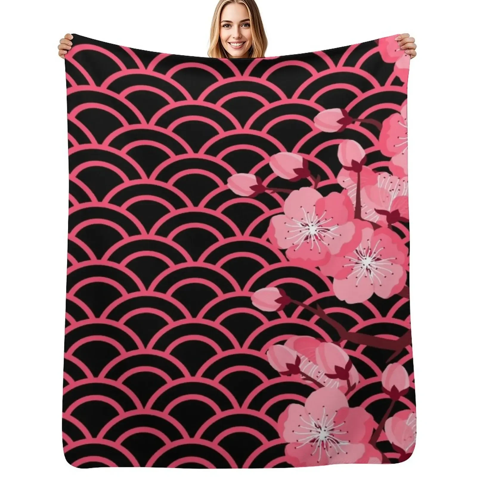 

Bright Pink Japanese Sakura Flowers On Pink Wave Pattern Throw Blanket Large Cute Stuffeds Beach Blanket