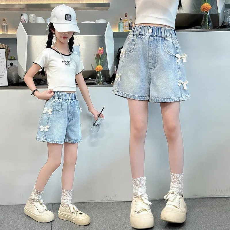 New Design Kids Summer Denim Shorts with Side Bow for Tween Girls Streetwear Bottoms Children Fashion Mini Jeans Shorts 4-14Y