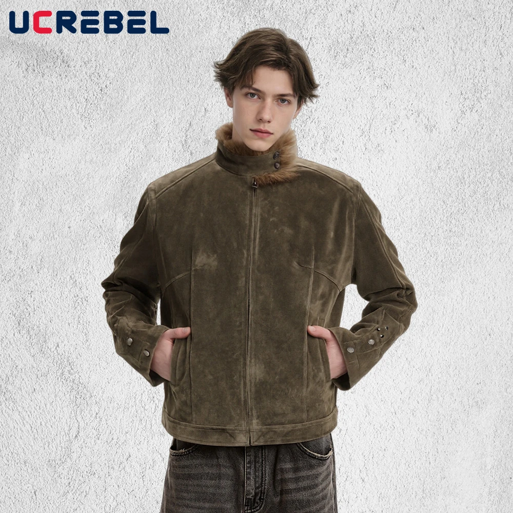 

Suede Stand Collar Padded Jacket Mens Solid Color Winter Retro High Street Spliced Loose Long Sleeve Thick Outerwear Man