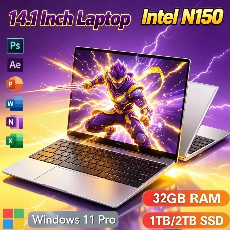 Portable 14.1 Inch Ultra Slim Laptop PC Intel N150 32GB RAM 2TB SSD Windows 11 For Home Office Study Gaming