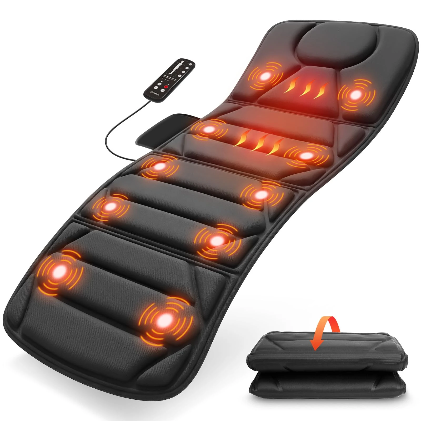 Full Body Massage Mat with Heat 10 Vibrating Motors for Bed Sofa Use 5 Modes 3 Intensities 4 Zones Upper Lower Back Heat Foldable 30min Auto-Off