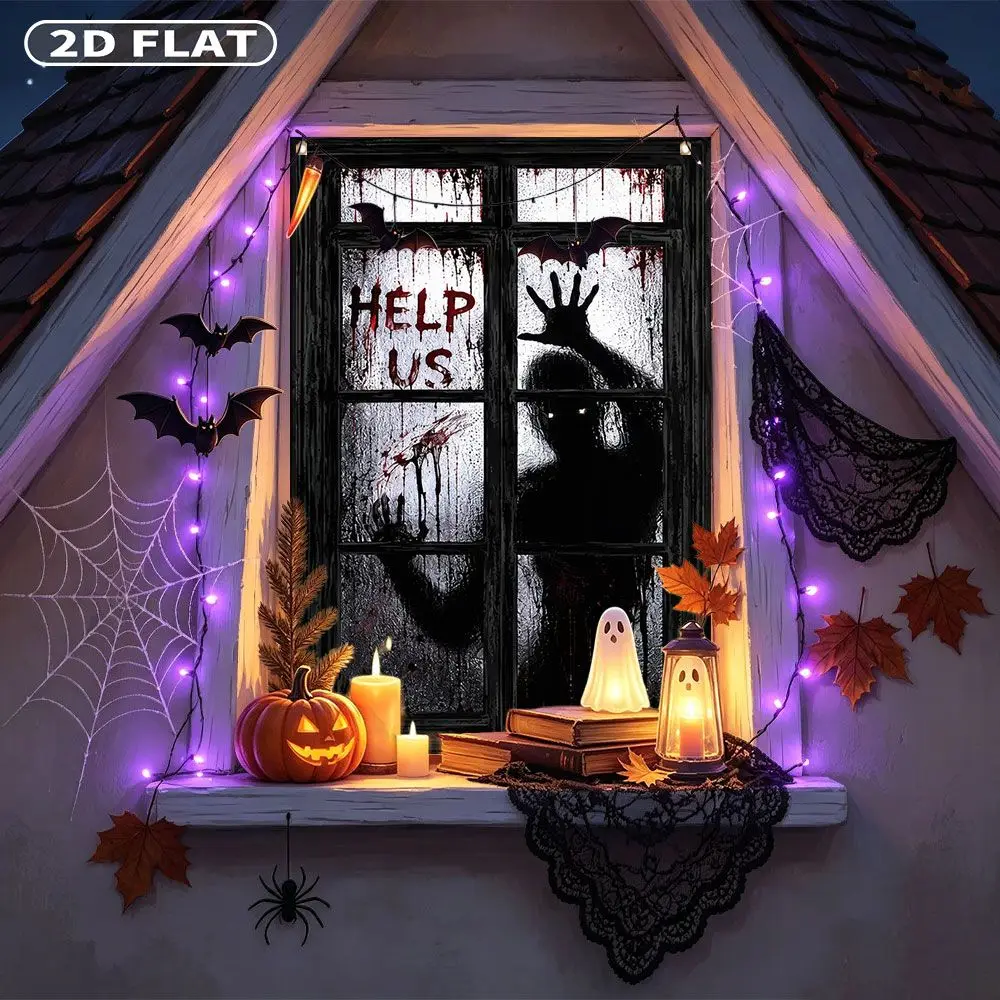2D FLAT 1pc Party Window Cover Banner, with Bloody Handprint Silhouette Behind Frosted Glass Window, No Power Need Home Decor