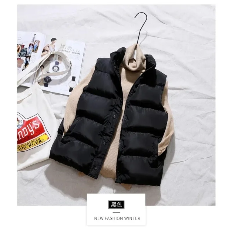 Women Winter Warm Cotton Padded Puffer Vests Sleeveless Parkas Jacket Casual Stand Collar Short Down Cotton Waistcoat