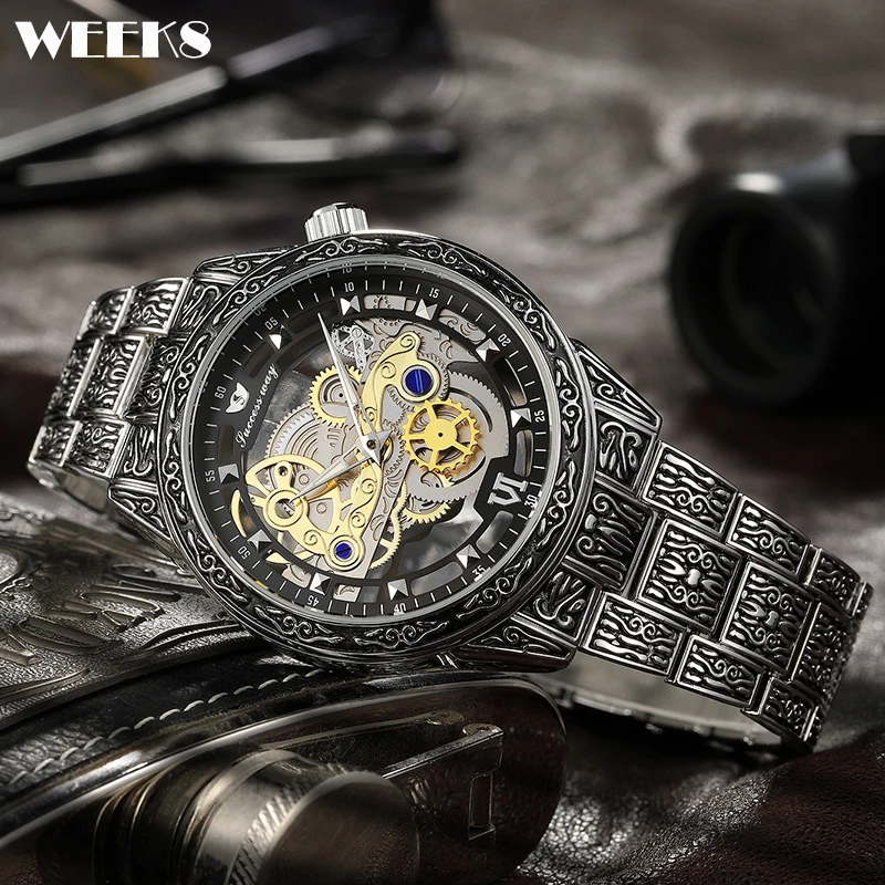 Skeleton Hollow Men Watches Luxury Steampunk Black Gold Quartz Watch Stainless Steel Vintage Engraved Man NOT Mechanical Clock