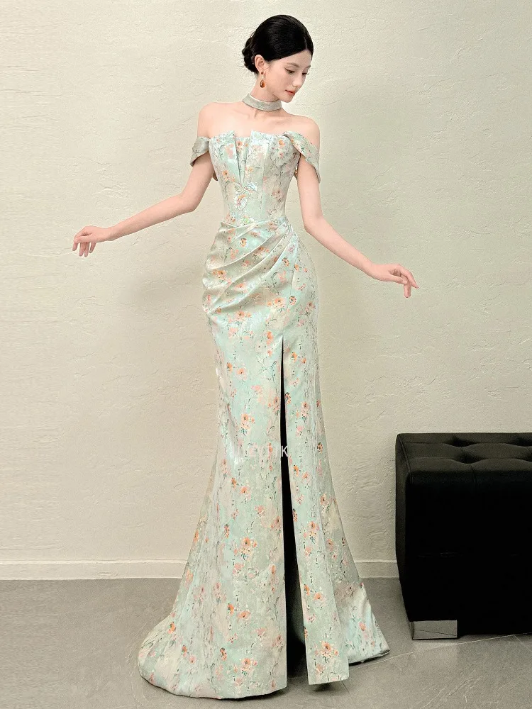 Elegancka sukienka wieczorowa z odkrytymi ramionami, w kwiaty, damska, syrenka, do ziemi, sukienki celebrytek, szyte na miarę, luksusowe, długie sukienki na studniówkę