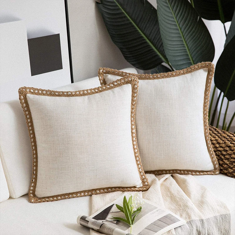 

45*45cm Home Solid Colour Linen Trimmed Pillow Cover Hemp Rope Wrapped Medium Hemp Pillow Case Not Included