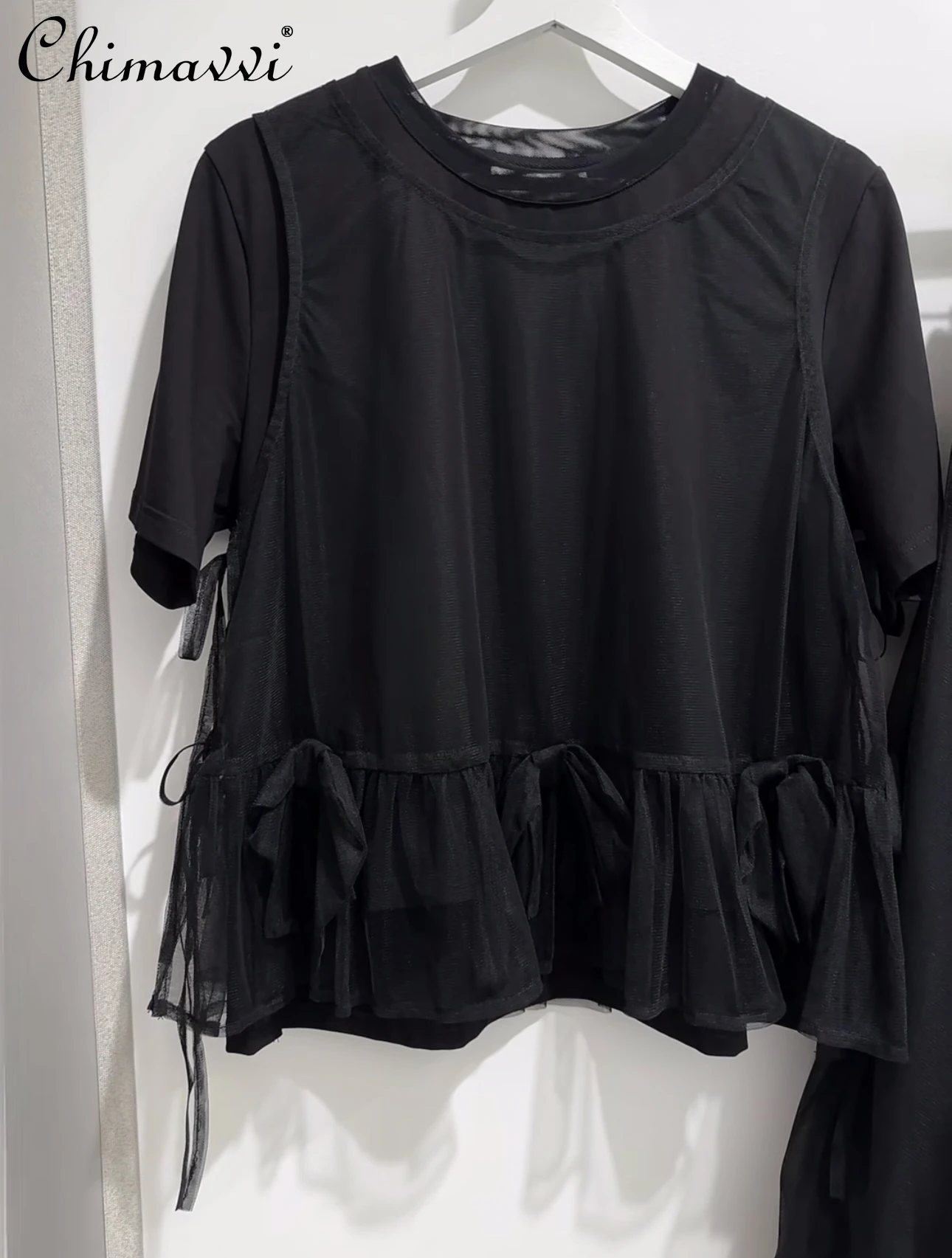

Japanese Tulle Splicing Round Neck Short-sleeved T-shirt Summer 2025 New Sweet Girl Loose Temperament Casual Basic T-shirt Top
