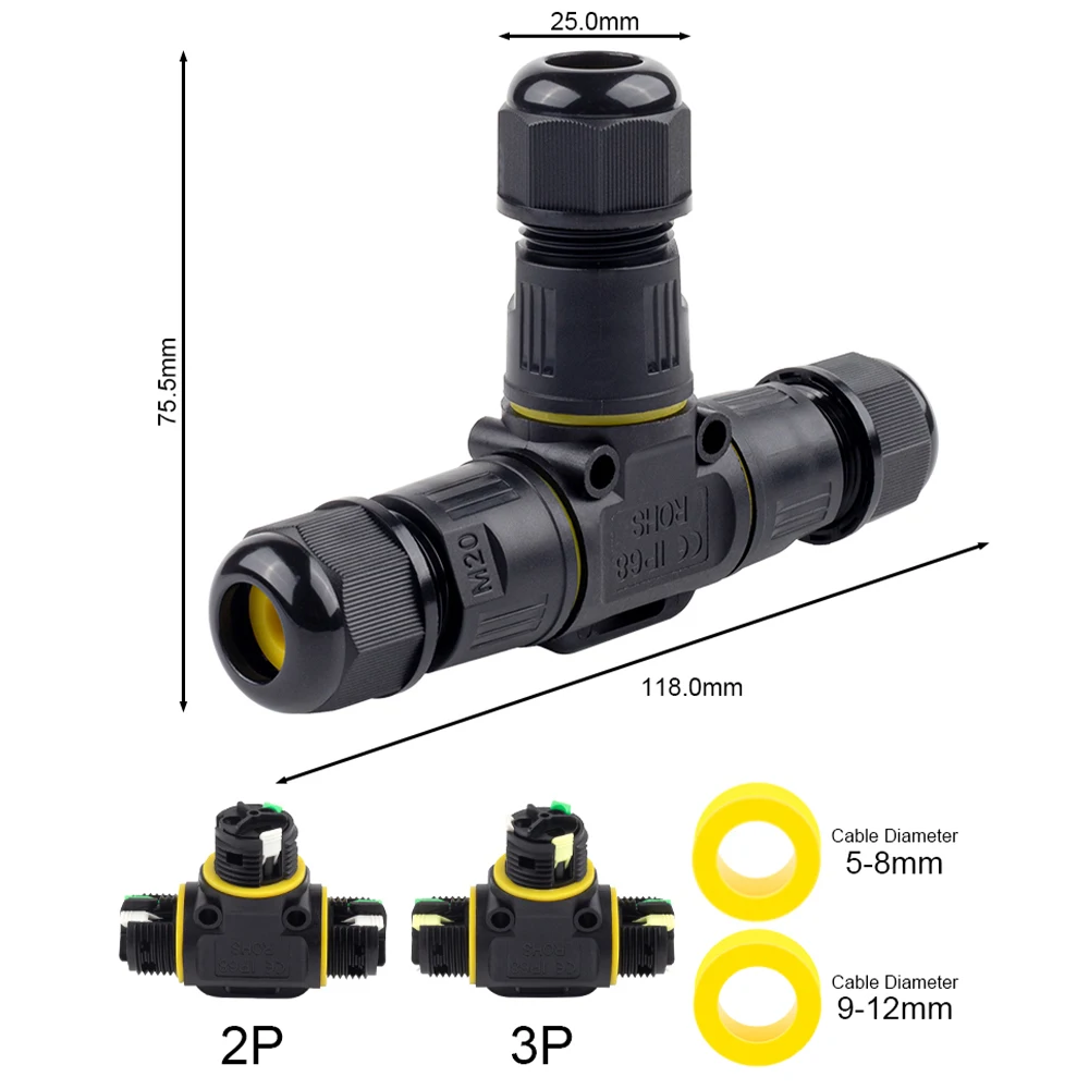 IP68 Quick Coupling Outdoor Waterproof Connector T-type Wire 2/3Pin Lever Terminal,For Electrical Junction Box Wire Connectors