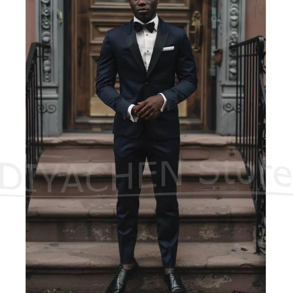 

Мужской темно-синий костюм с атласными лацканами, однобортные наряды, стильные формальные смокинги для жениха, свадьбы, вечеринки, выпускного вечера (пиджак + брюки)