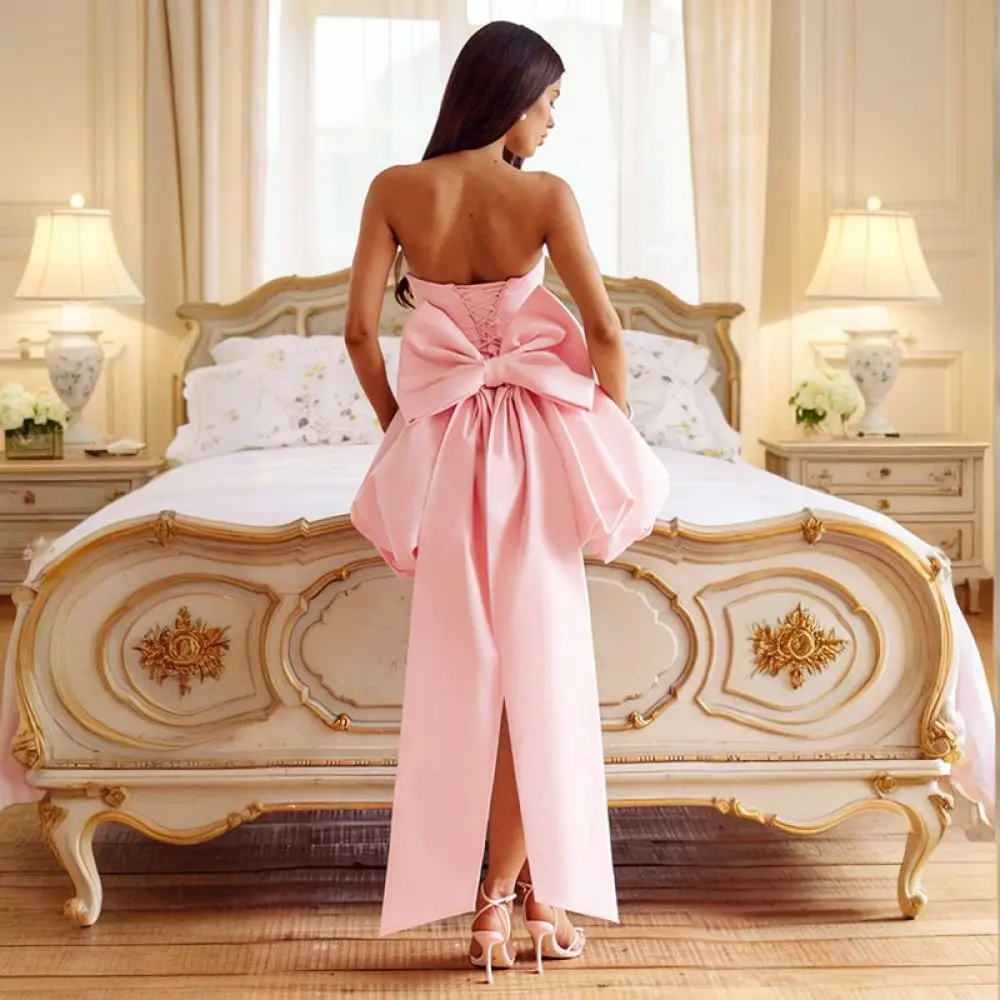 Elegant Women Summer Sexy Strapless Mini Dress Bowknot Side Tie Up Split Bodycon Evening Party Clubwear Slim Fit Fashion Wear