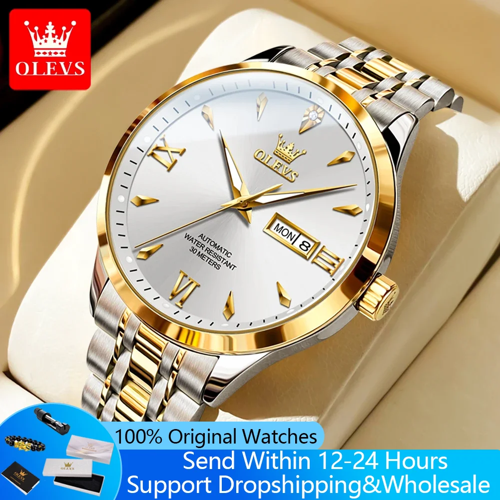 

OLEVS 9956 Automatic Watch Man Top Brand Business Dual Calendar Mechanical Watch For Men Original Stainless Steel Wristwatch