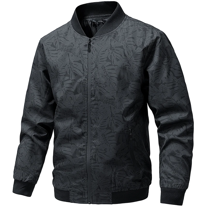 2026 New Men Leaf Pattern Bomber Jacket Stand Collar Zip Up Lightweight Casual Baseball Coat