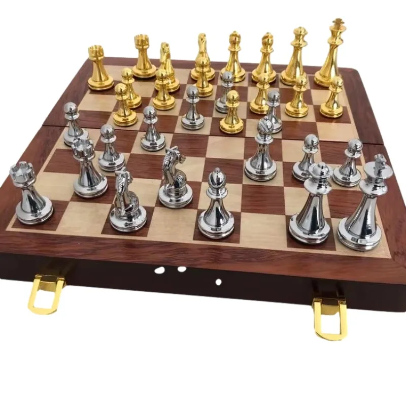 

High-Quty Custom Steel Chess Set with Sier and Gold Pieces Wooden Board Games for Kids and Children