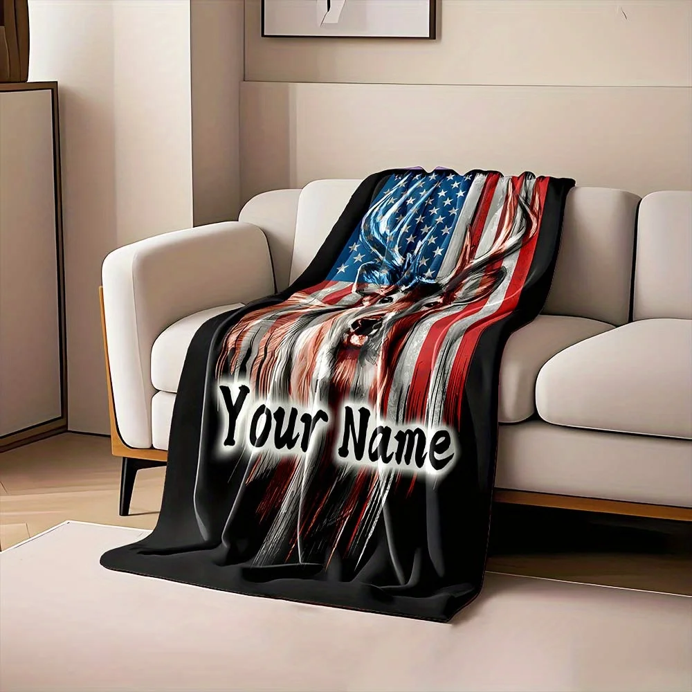 Decorative American Flag Deer Head Throw Blanket Fleece Cozy Throw Gift for Men Patriotic Rustic Man Cave USA Home Decor Hunting