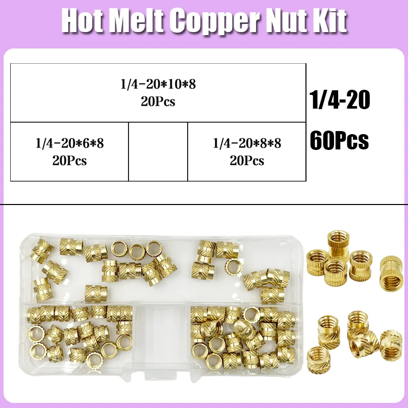 

60PCS 1/4 Heat Set Insert Inch Size Threaded Brass Nut Knurled Hot Melt Molding Injection Embedded Copper Nut for 3D Printer Kit