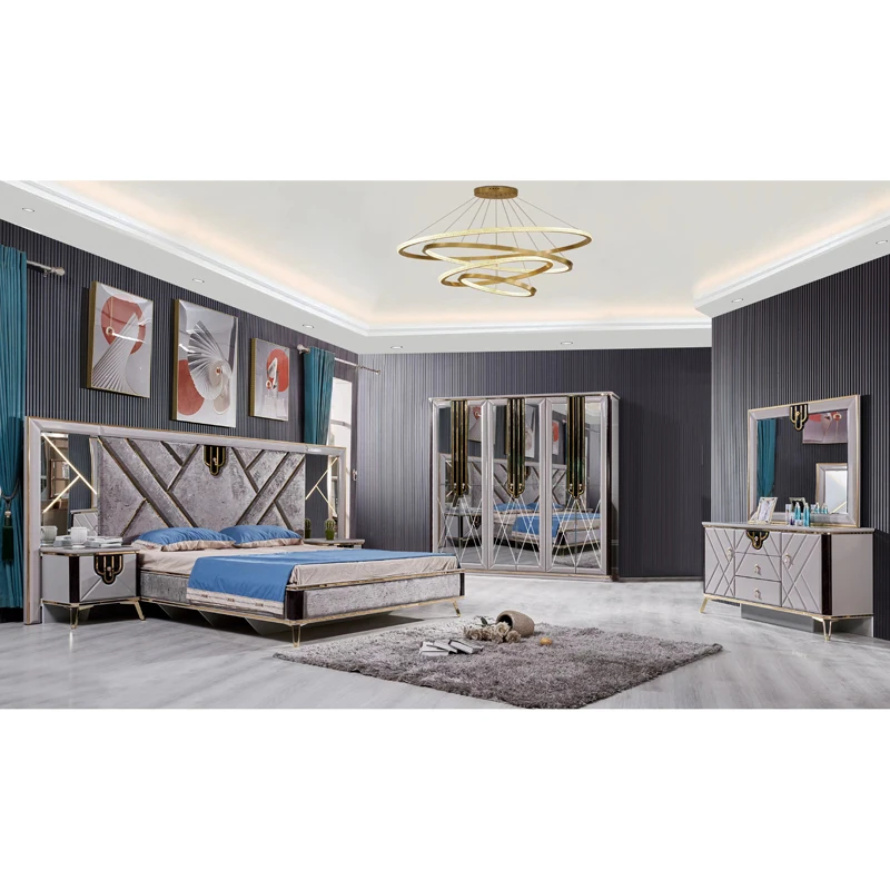 

&Turkish Luxury Design Wooden Frame King Size Bed Leather Headboard Home Full Queen 2024 Bedroom Sets Furniture