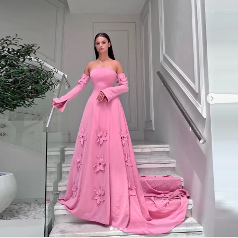 

Customized Pretty Strapless A-Line Pink Prom Dress 3D Flowers with Half Sleeves Women Evening Dress Saudi Formal Wedding Gown
