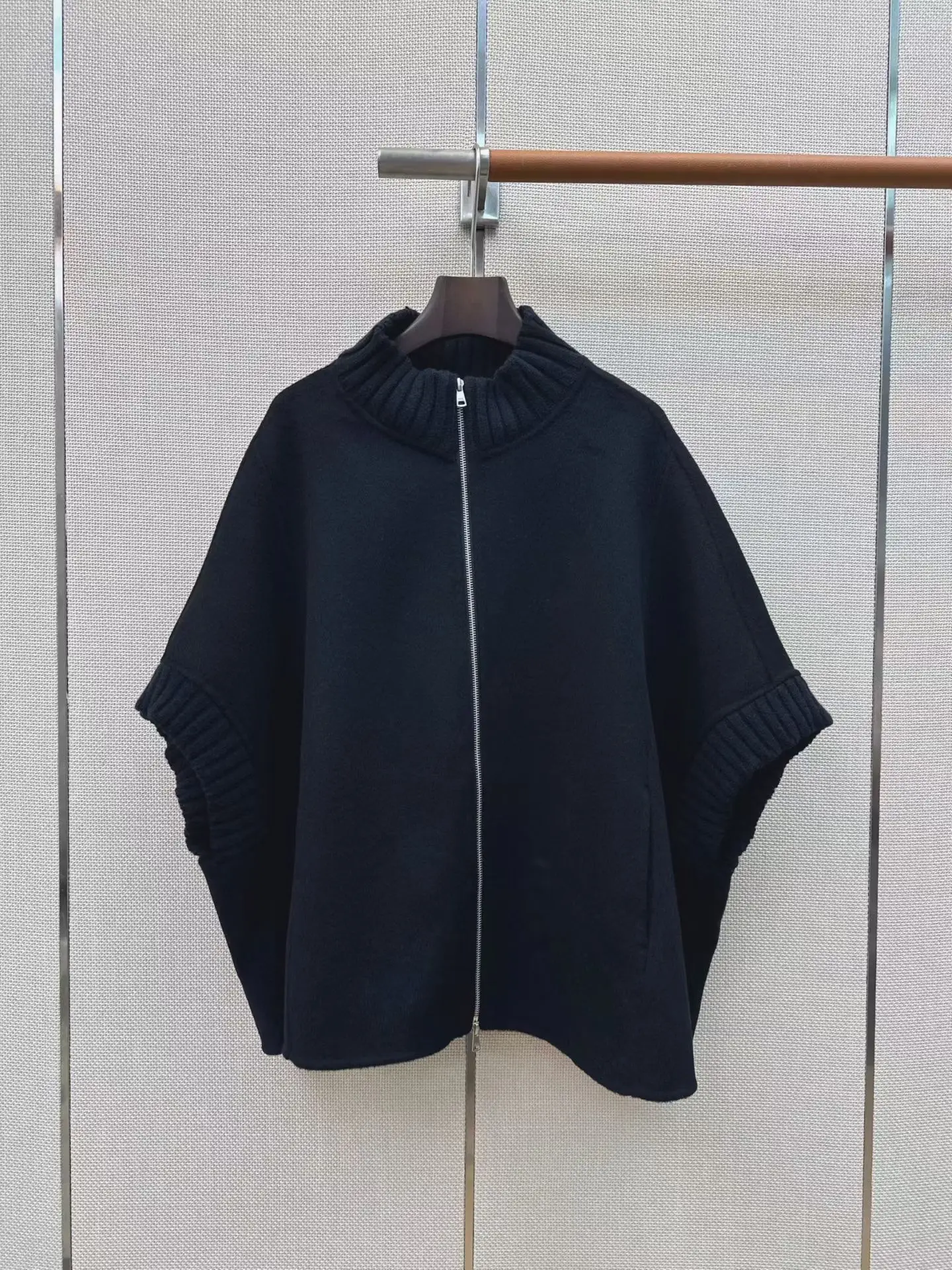 Handmade Stand Collar Wool Cape Coat Women Autumn Winter Rib Trim Cuffs Neckline