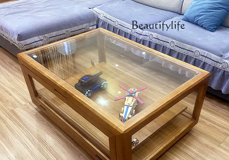 

Nordic medieval style solid wood display coffee table cherry wood tempered glass display coffee table creative customization