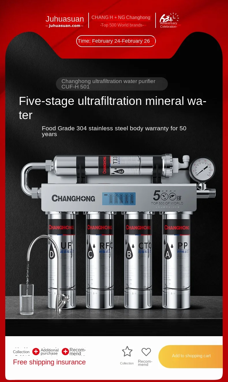 Purificador de água de aço inoxidável para uso doméstico, torneira direta para beber, pré-filtro, ultrafiltração de 5 estágios