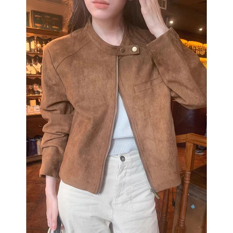 أنيقة الأمريكية الرجعية الوقوف طوق فو الجلد المدبوغ طويلة Sve فضفاضة المرأة السائق Jaet معطف تخفيف Sle طول منتظم سستة