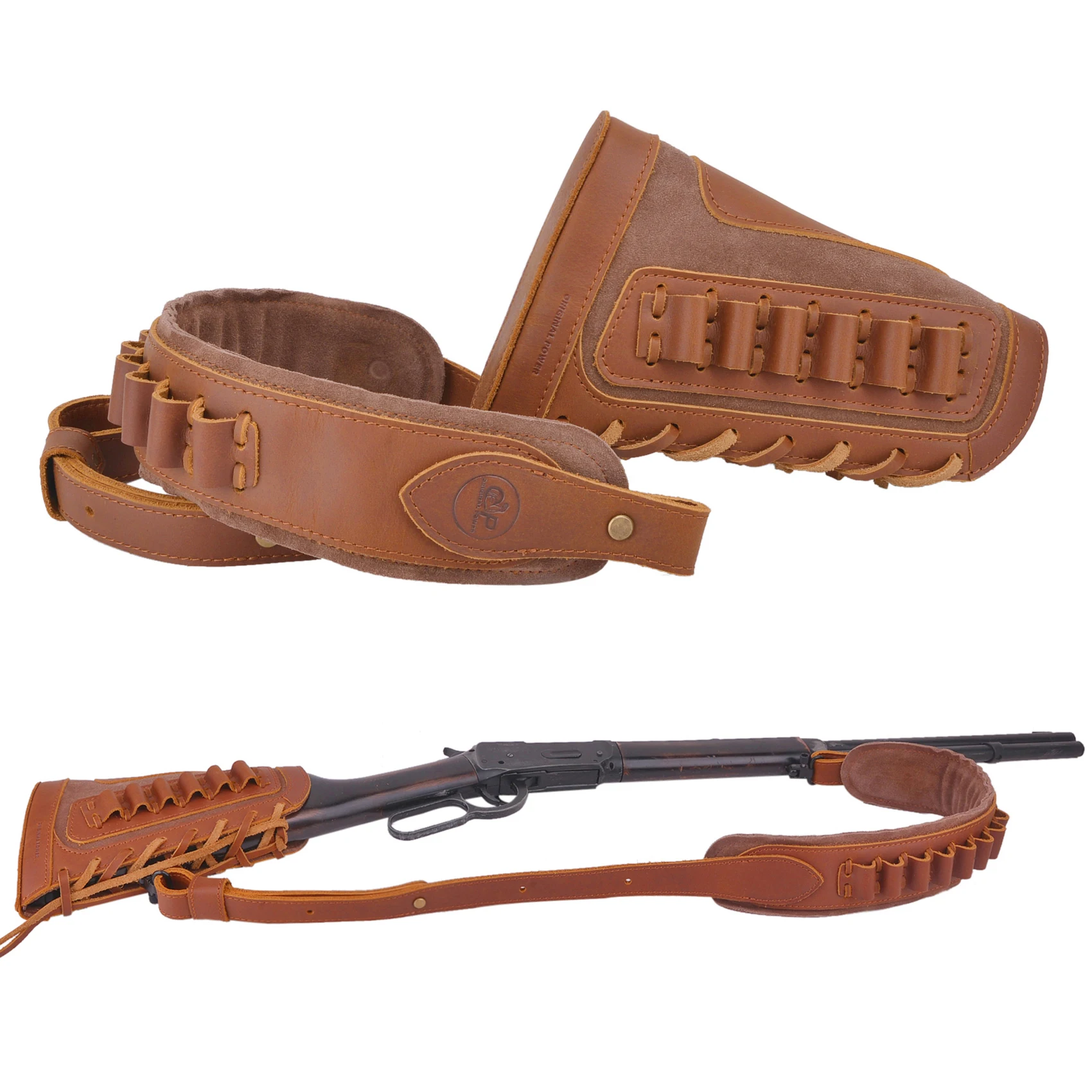 

Adjustable Leather Ammo Holder Buttstock Cheek Rest Pad With Gun Matched Sling Shoulder Strap .308 .45-70 .30-30 .22LR 12GA