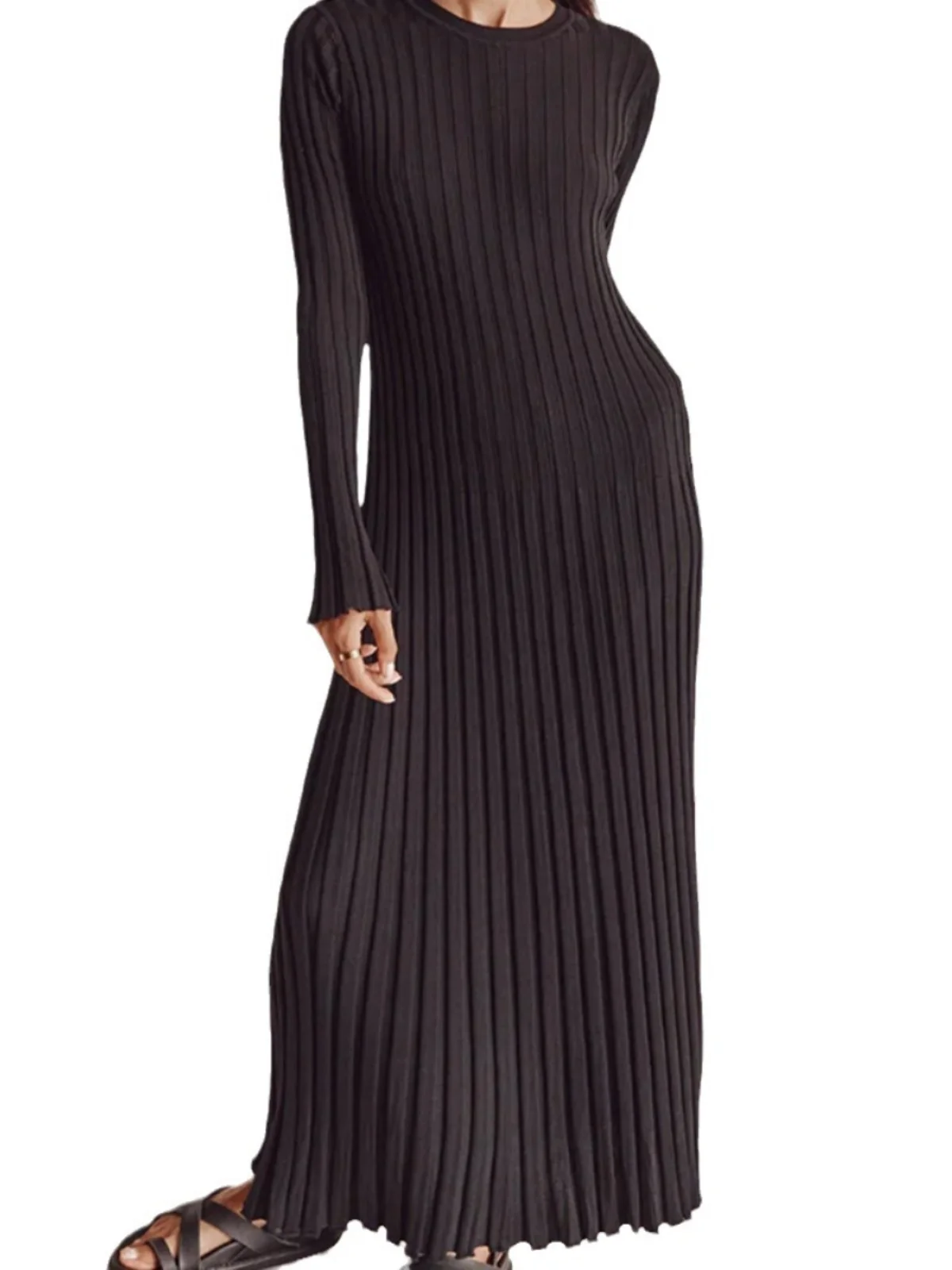 여성용 니트 롱 드레스 벨 슬리브와 스트라이프 섹시한 미드 웨이스트 디자인 순색 캐주얼 가을용