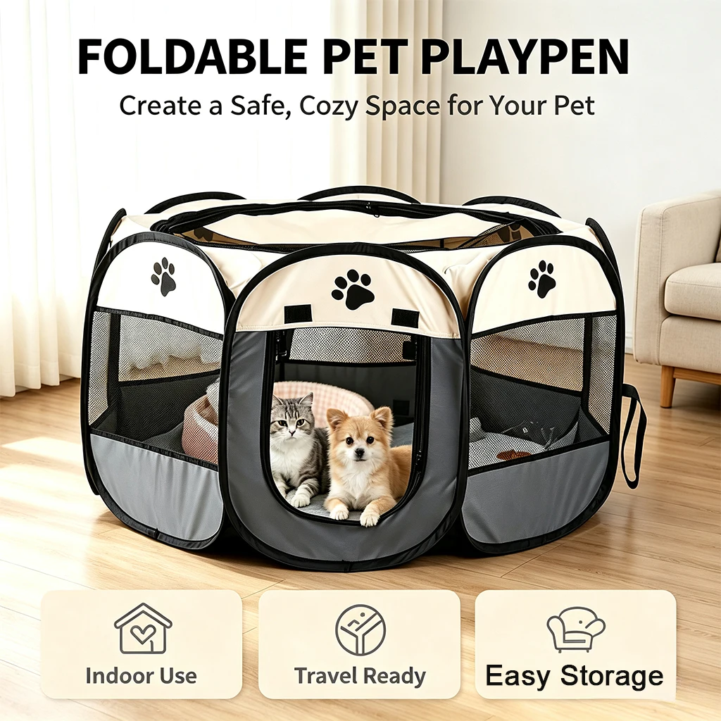 Foldable Pet Playpen with Zipper Door & Mesh Panels, Portable Indoor/Outdoor Kennel for Cats, Dogs