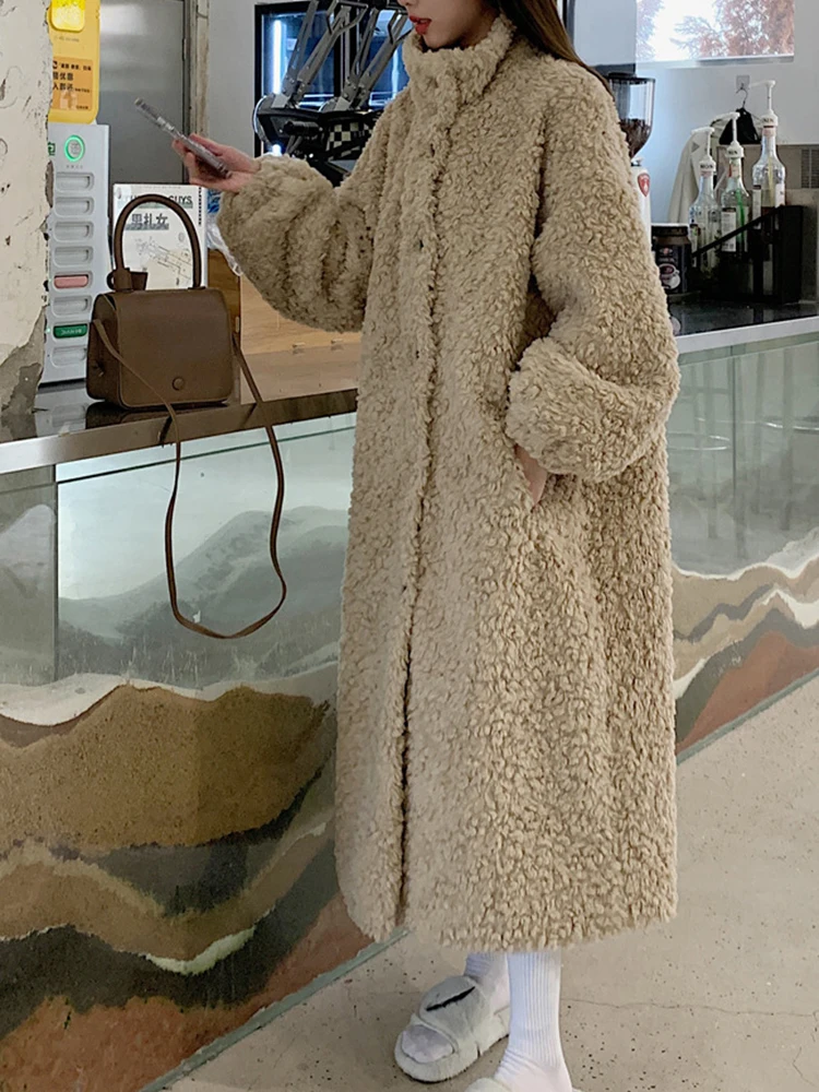 LANMREM Winter Lamb Fur Long Warm Coat For Women Stand Collar Solid Color Single Breasted Loose Fit Clothing 2024 New 2VV234