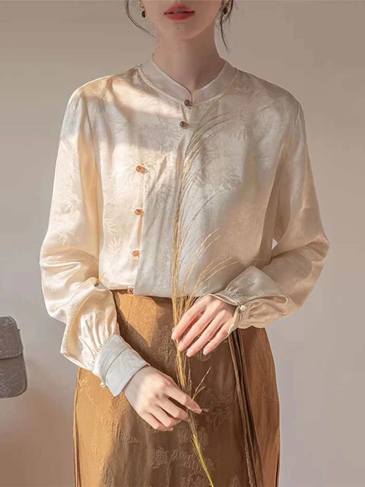 

Elegant Chinese Style Long Sleeve Shirt Women's Premium Anti-Wrinkle Stand Collar Embroidered Small Size Fashionable Top