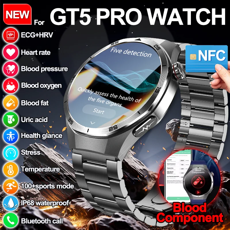 

Новые умные часы GT5 Pro с диагностикой ЭКГ, мужские часы BP, кислород в крови, мочевая кислота, жир в крови, монитор сердечного ритма, температуры, здоровья, женские умные часы
