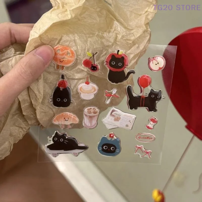 1Sheet INS DIY Laptop Tablet Phone Cases Decor 3D Epoxy Resin Decals Transparent Cartoon Black Cat Jelly Relief Sticker