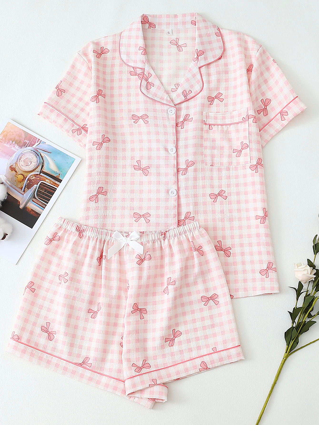 Two-Piece Spring and Summer Women's Pajamas Set with Plaid Bow Print, Turn-Down Collar, Button-Down Short-Sleeve Top with Pockets and Bow Shorts Loungewear Set