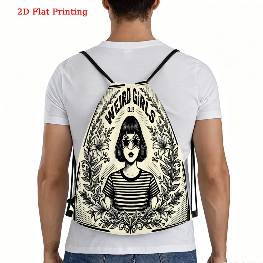 Gothic Aesthetic Drawstring Backpack, 2D Flat Print Weird Girls Club Pattern, Gym Sports Outdoor Travel