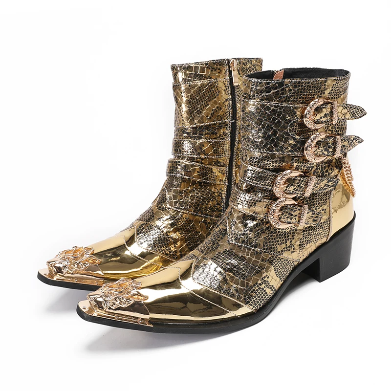 Batzuzhi Gold Fashion Men's Boots Shoes Pointed Iron Toe Genuine Leather Ankle Boots for Men 6.5cm Heels Buckles with Chians!