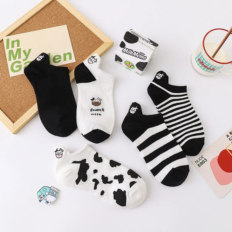 5 Pairs Women Casual Ankle Socks Funny Cartoon Cotton Cute Embroidery Cow Zebra Sox Spot Striped Solid Color Harajuku Boat Socks