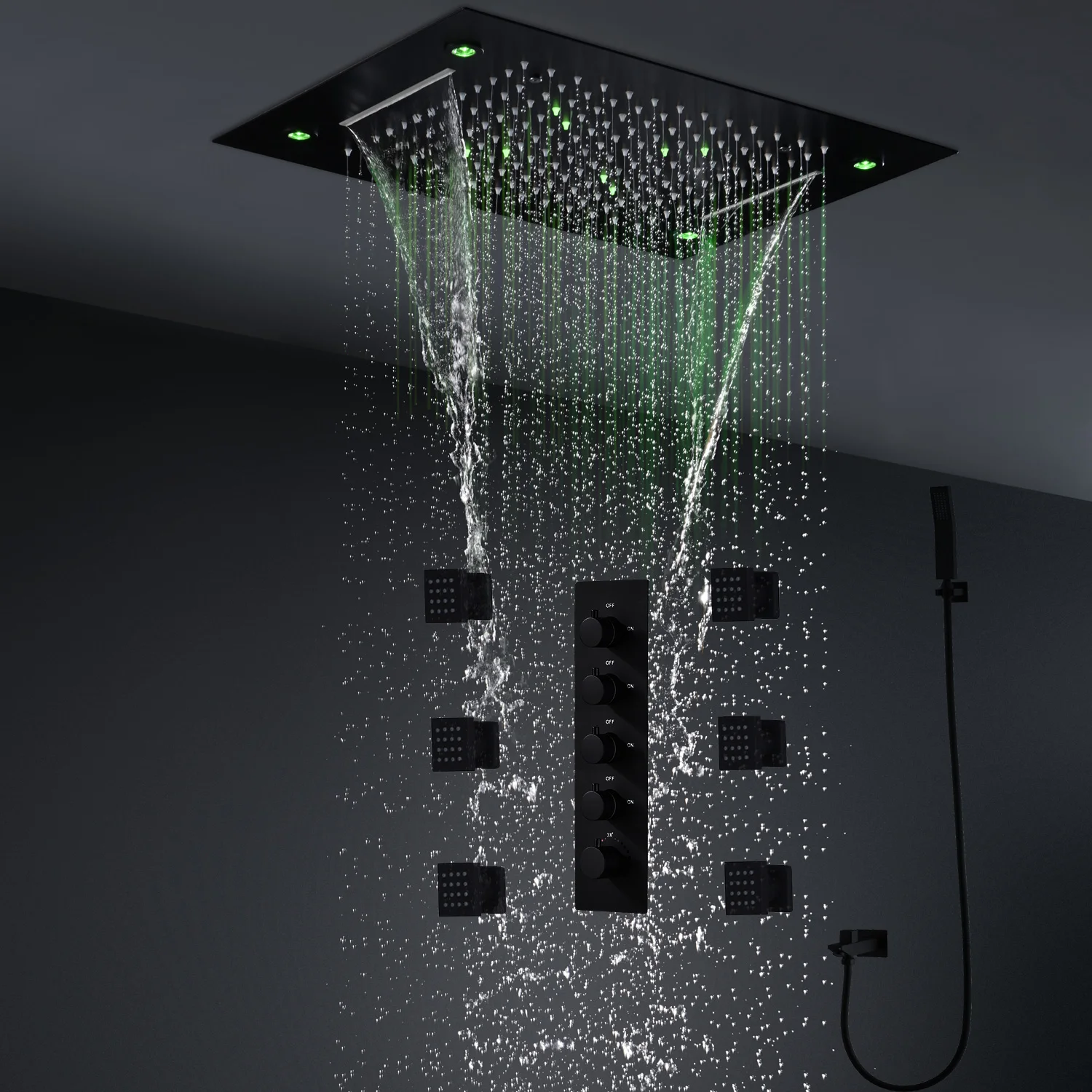 

hm High Quality Bathroom Ceiling LED Shower System Set Waterfall Rainfall Shower Head Thermostatic Mixer Diverter Lateral Jet