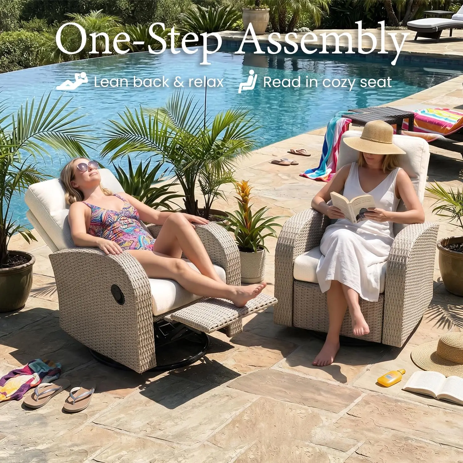 Oversized Wicker Outdoor Swivel Glider Recliner with Adjustable Backrest & Footrest, Patio Reclining Lounge Chair - Set of 2