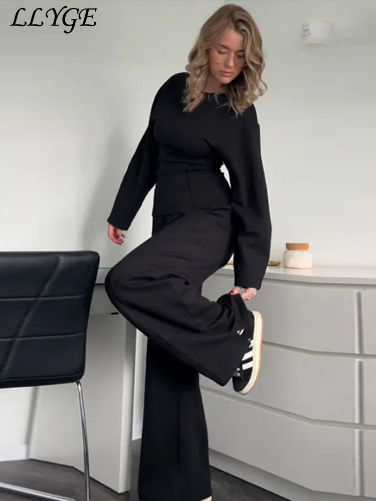 Casual Solid Pants Sets 2 Piece For Women Loose O-neck Long Sleeve Pleated Pullovers Wide Leg Trouser 2024 Autumn Lady Tracksuit