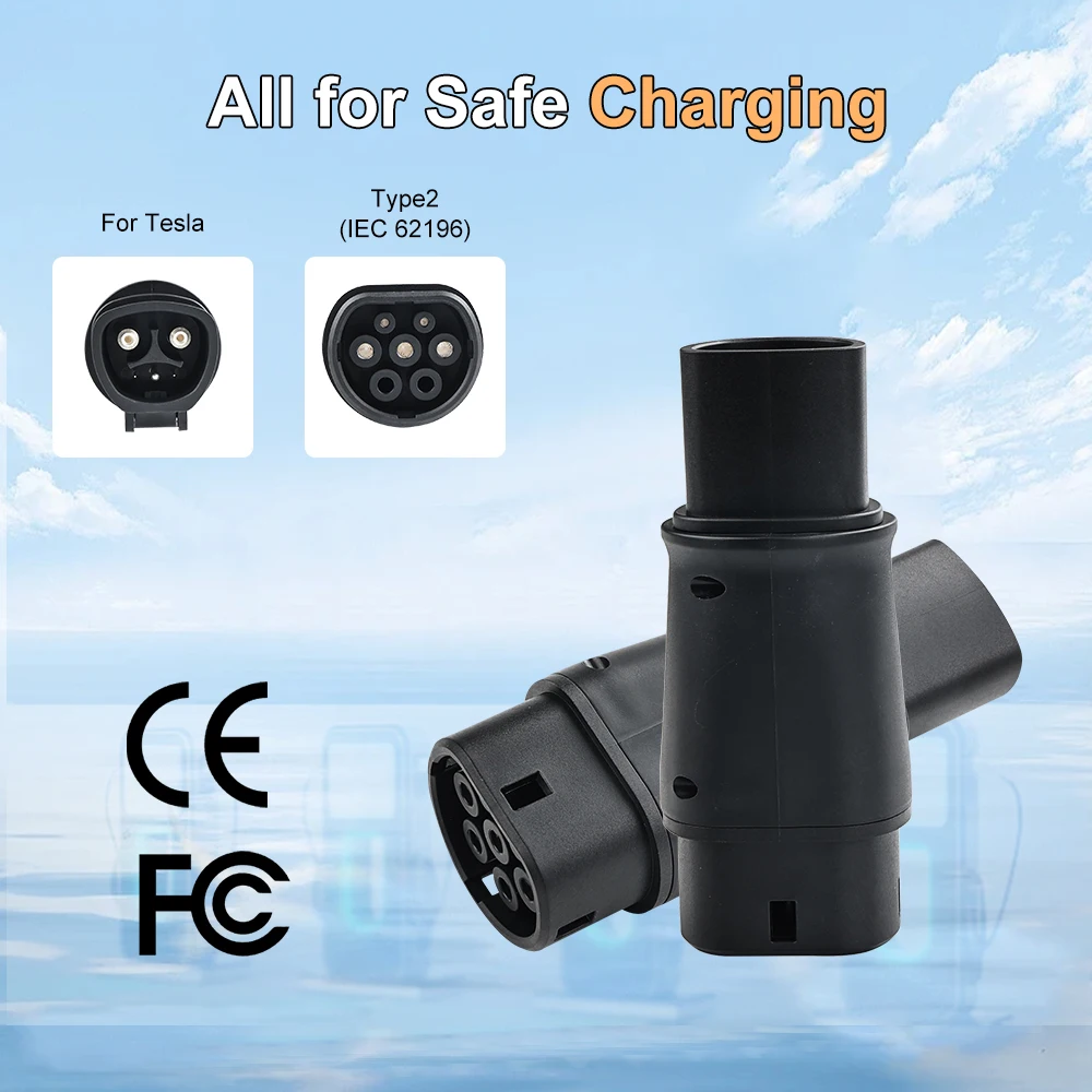 ADPOW For Tesla to Type2 Charger Adapter 32A MAX AC 250V EV Charging Connector NACS To IEC 62196 Charging Accessories for EV