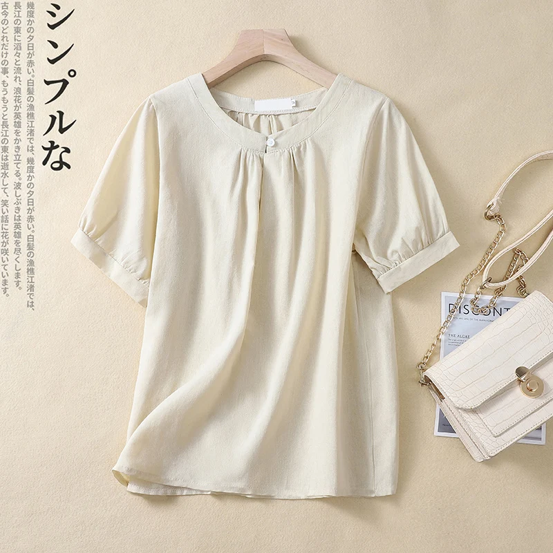 Camisetas de lino y algodón con cuello de cerradura y botones para mujer, blusas básicas elegantes de verano de manga corta, Top blanco, Beige, azul marino y verde