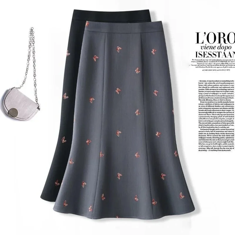 

Новая осенняя юбка с вышивкой бабочки, женская элегантная тонкая офисная женская юбка-миди с высокой талией, модная юбка-русалка