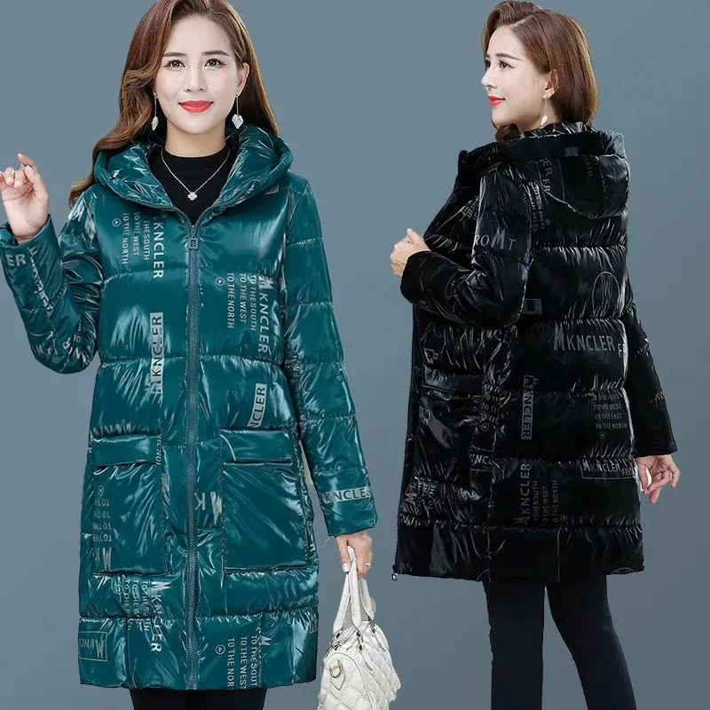 

High Quality Women Winter Glossy Down Cotton Jacket New Fashion Print Hooded Long Parka Female Thicke Warm Winter Coat Outerwear