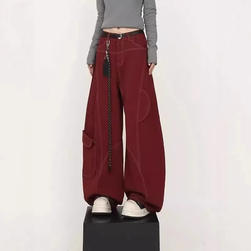 Spring Autumn Retro Red Stitched Workwear Women's Jeans Curved Knife Wide Leg Pants Loose Scythe Design Sensation Trousers