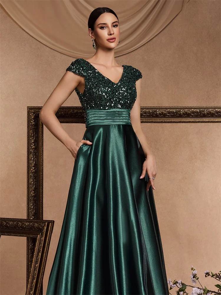 Lucyinlove Elegant V Neck Green Sequin Evening Dress Long 2024 Luxury Women Satin Short Sleeves Party Dress Prom Cocktail Dress