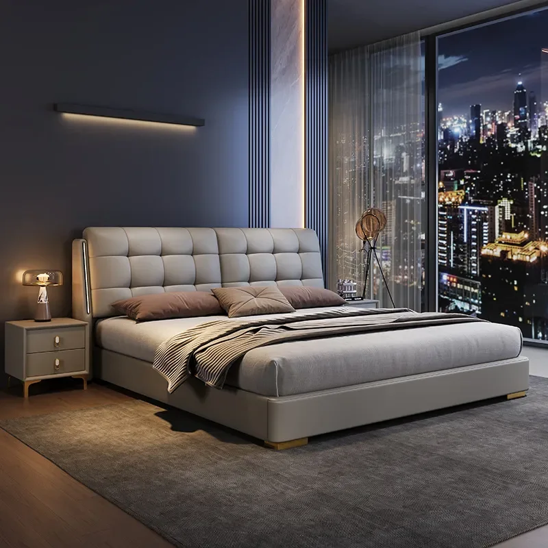 for Italian Light Luxury Leather Art Bed Soft Bag Adjustable Master Bedroom with Lamp Small Flat Edge Bed Multi-functional